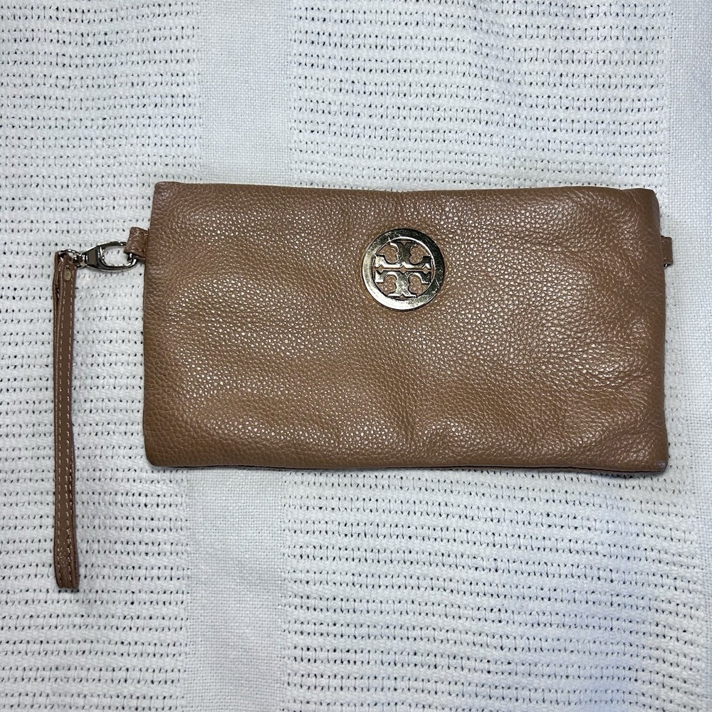 Tory Burch Brown Pebbled Soft Leather Clutch Wristlet Gold Hardware